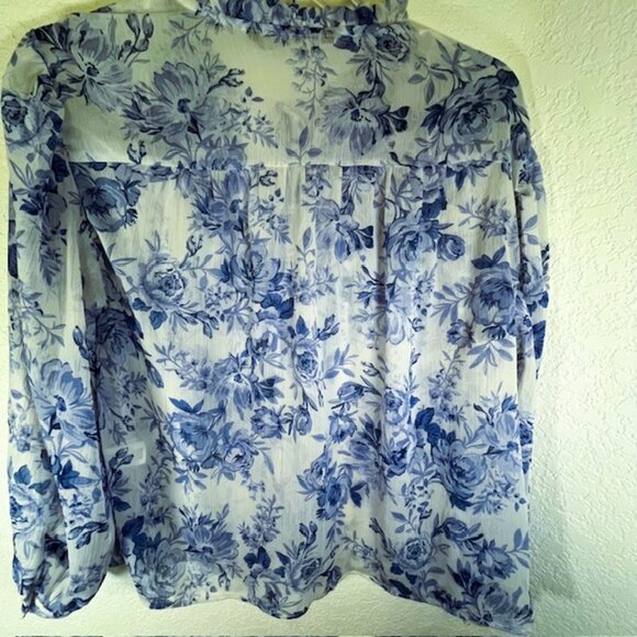 Zara Blue & White Floral Ruffle Trimmed Long Sleeved Blouse- Size L - Picture 6 of 9